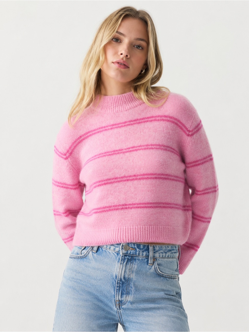 H&M Wool Blend Soft Pink Striped Crewneck Sweater
